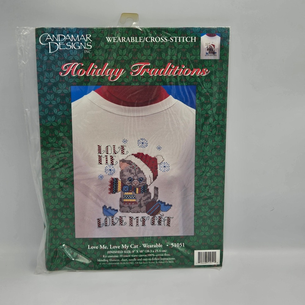 VTG Candamar Designs Love Me Love My Cat‎ Wearable Cross Stitch Kit 51051 1997